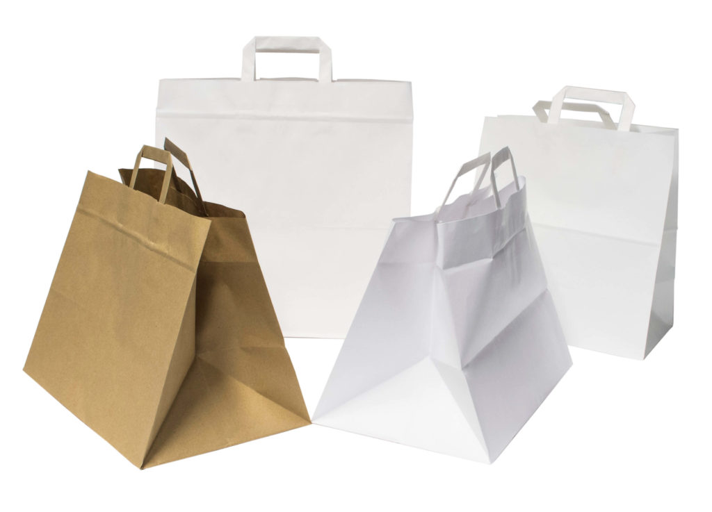 White and kraft wide-base takeaway bags